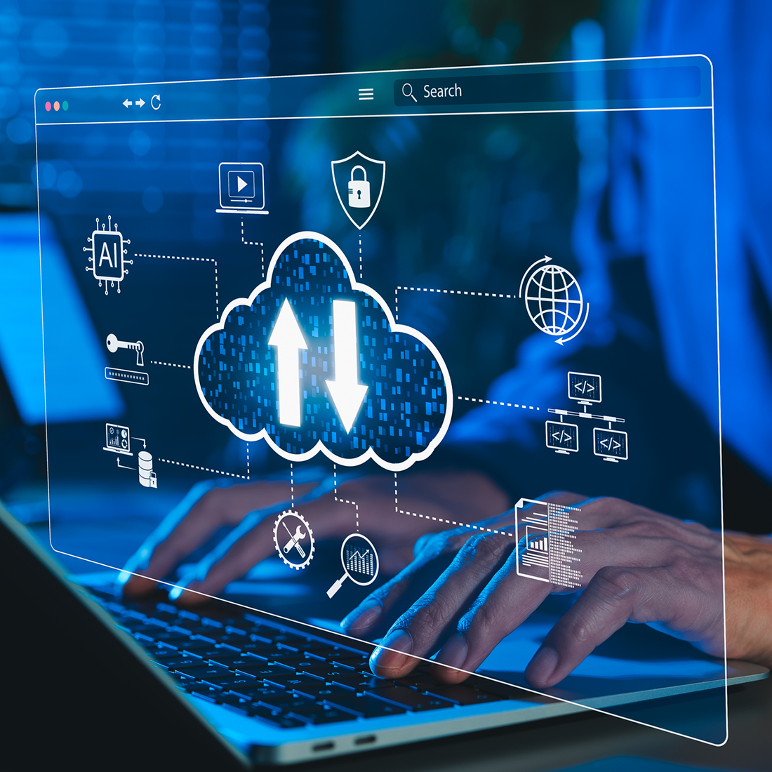 Mains tapant sur un clavier avec une interface de cloud et icônes technologiques flottant en bleu.