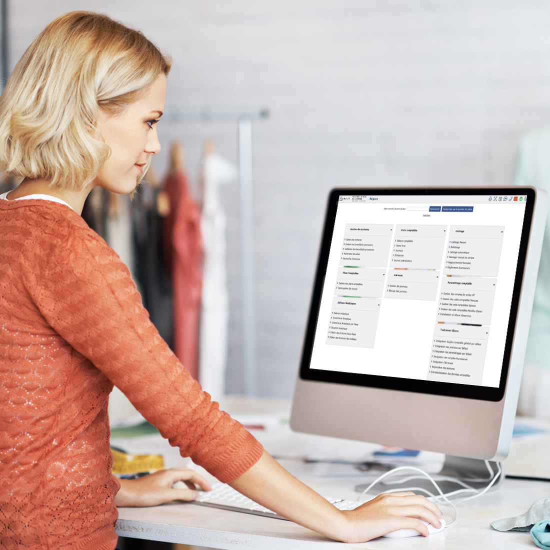 Femme travaillant sur un ordinateur avec un logiciel de gestion comptable affiché à l'écran.