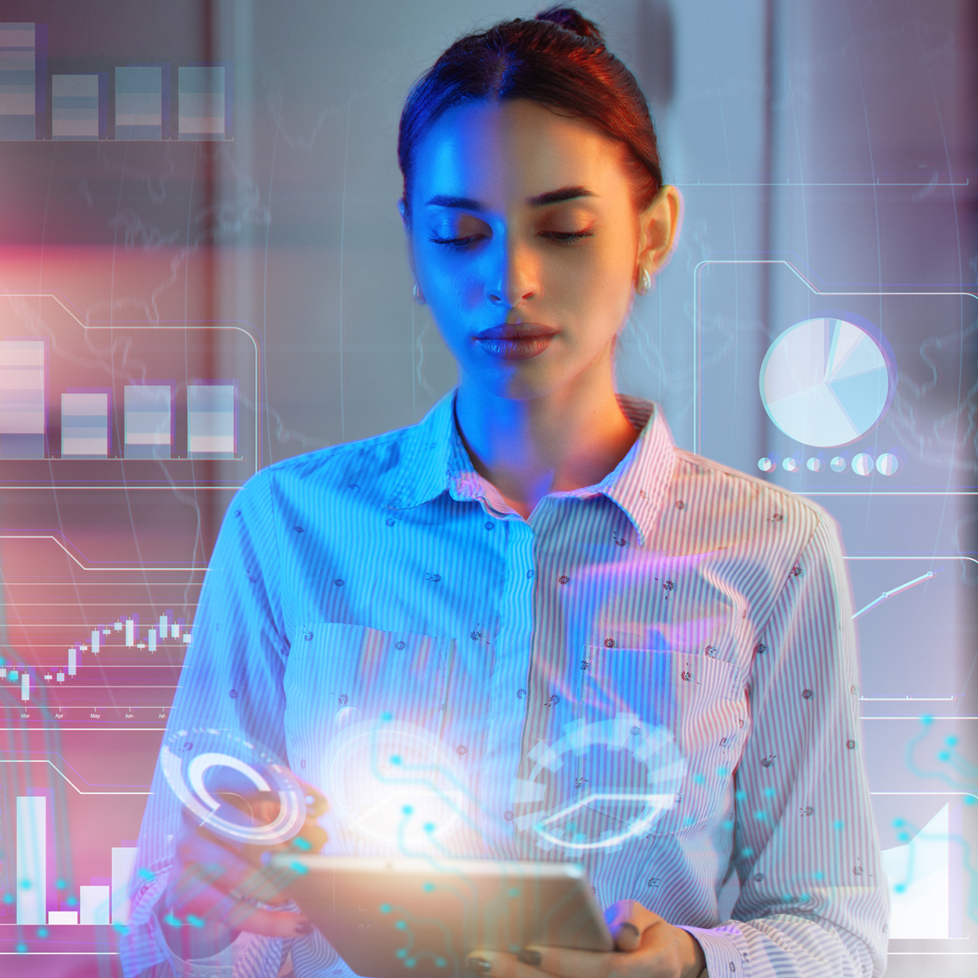 Femme consultant une tablette avec graphiques numériques et données financières en surimpression.