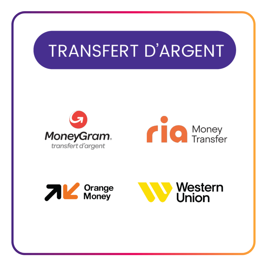 Logos de services de transfert d'argent : MoneyGram, Ria, Orange Money, Western Union.