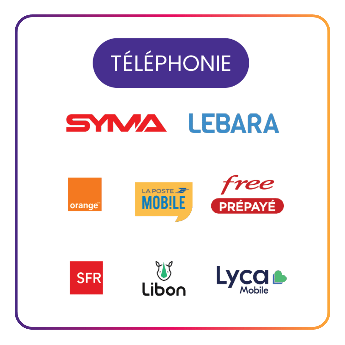 Logos des opérateurs téléphoniques français : SYMA, LEBARA, orange, La Poste Mobile, free prépayé, SFR, Libon, Lyca Mobile.