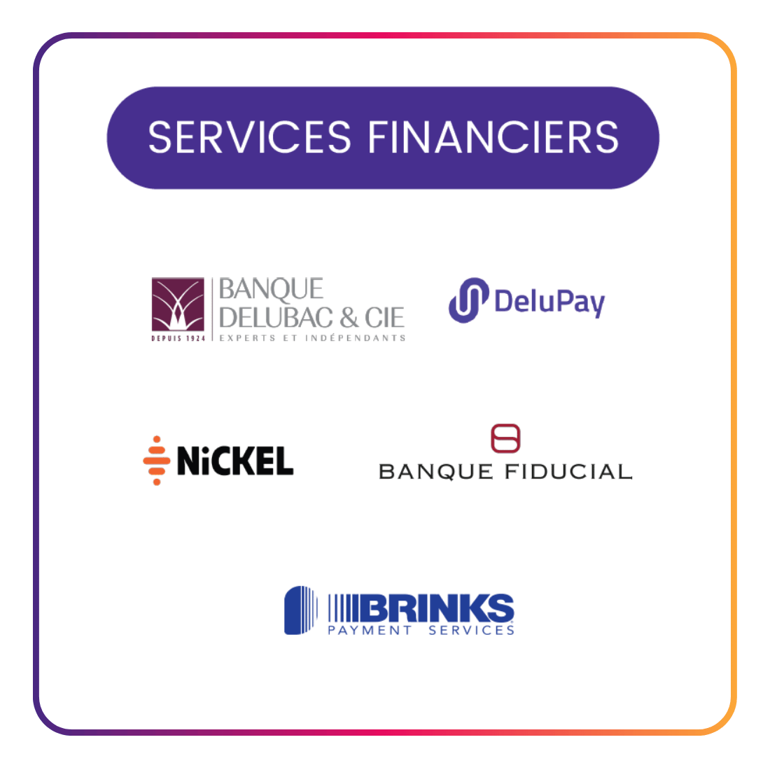 Encadré avec titre Services Financiers et logos de banques et services de paiement partenaires.