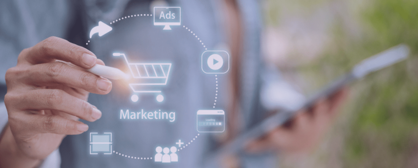 Illustration des leviers marketing digital pour le recommerce avec icônes de panier d’achat, publicités et engagement client.