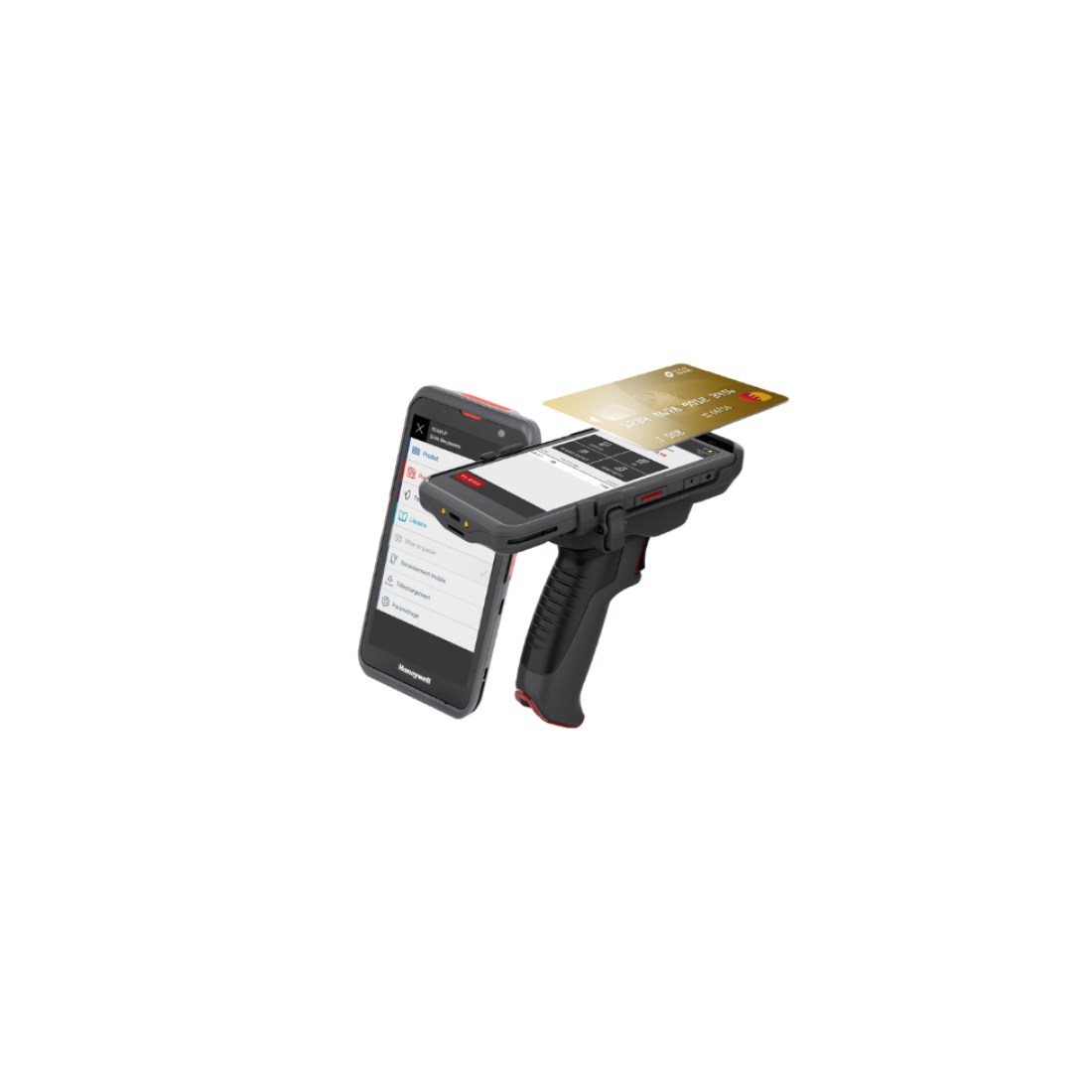 Terminal de paiement portable avec lecteur carte bancaire et écran affichant une application de caisse.