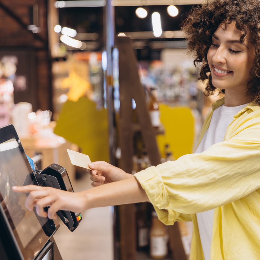 Jeune femme souriante utilisant un terminal de paiement avec une carte dans un magasin.