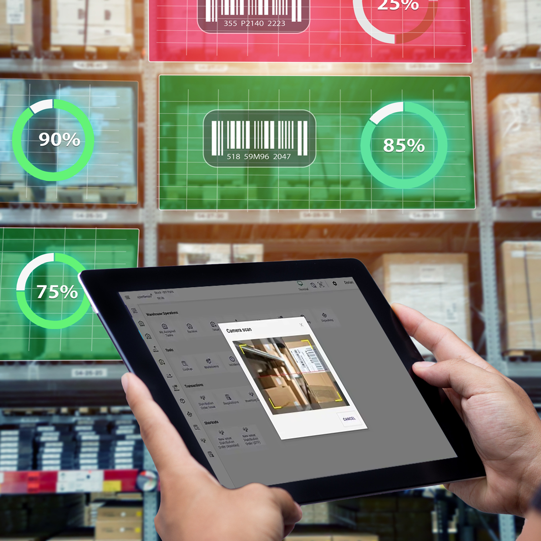 Main tenant d'une tablette affichant une application de gestion d'entrepôt avec des codes-barres et statistiques.