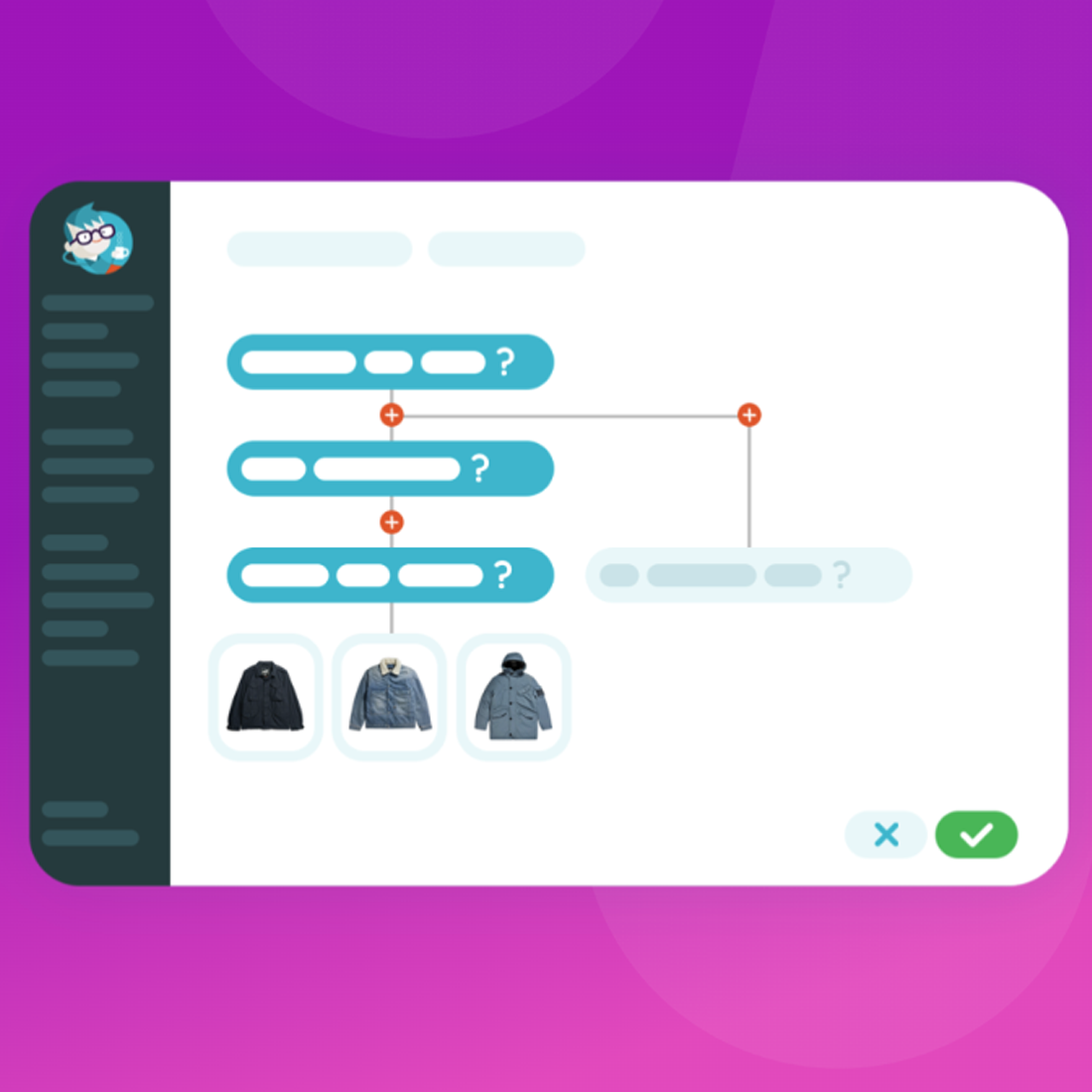 Interface de filtre avec une arborescence et images de trois vestes sur un fond violet.