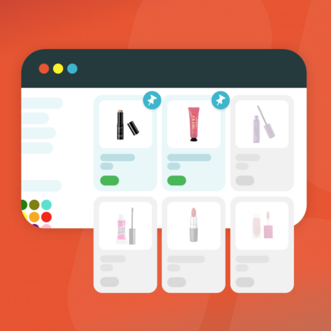 Interface de boutique en ligne affichant plusieurs produits cosmétiques avec badges d’épingle.