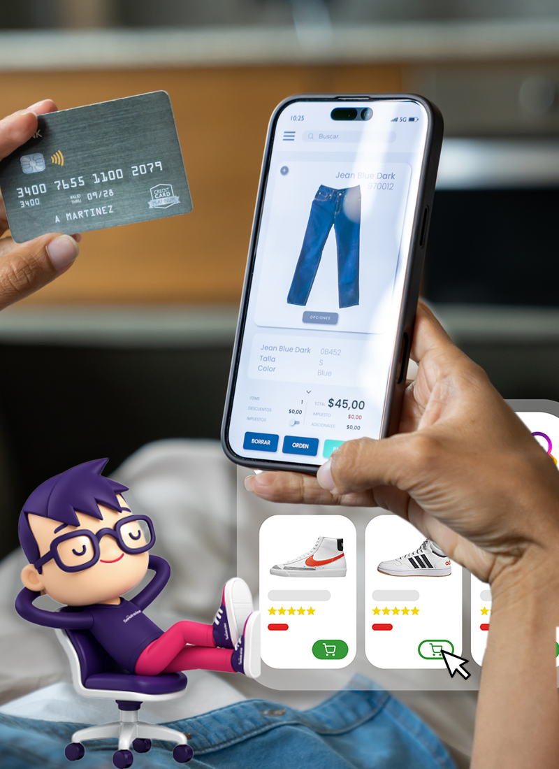 Personne tenant une carte bancaire et un smartphone avec un achat de jeans et une interface de chaussures en ligne.