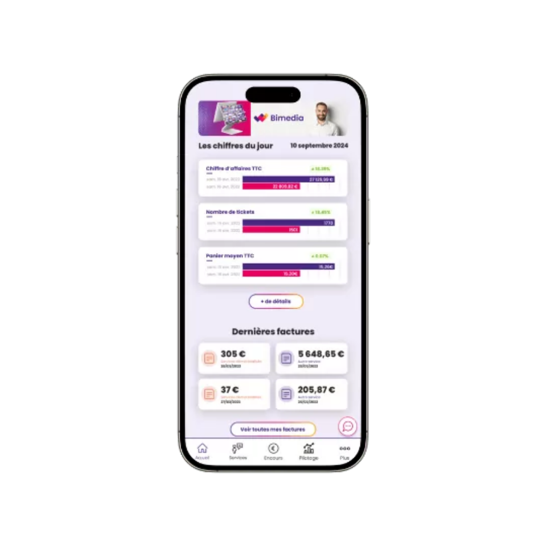 Capture d’écran d’une application mobile Bimedia montrant les chiffres du jour et dernières factures.