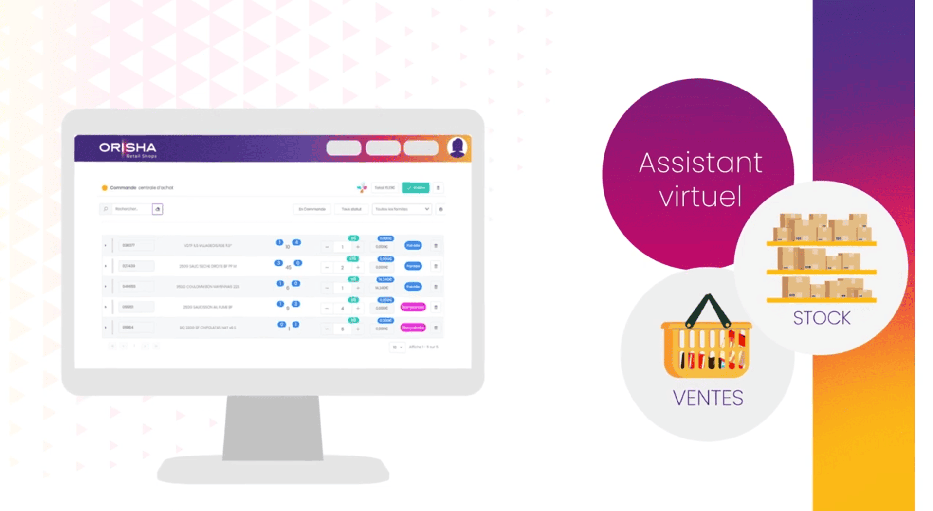 Écran montrant un logiciel de commandes avec icônes assistant virtuel, stock et ventes.