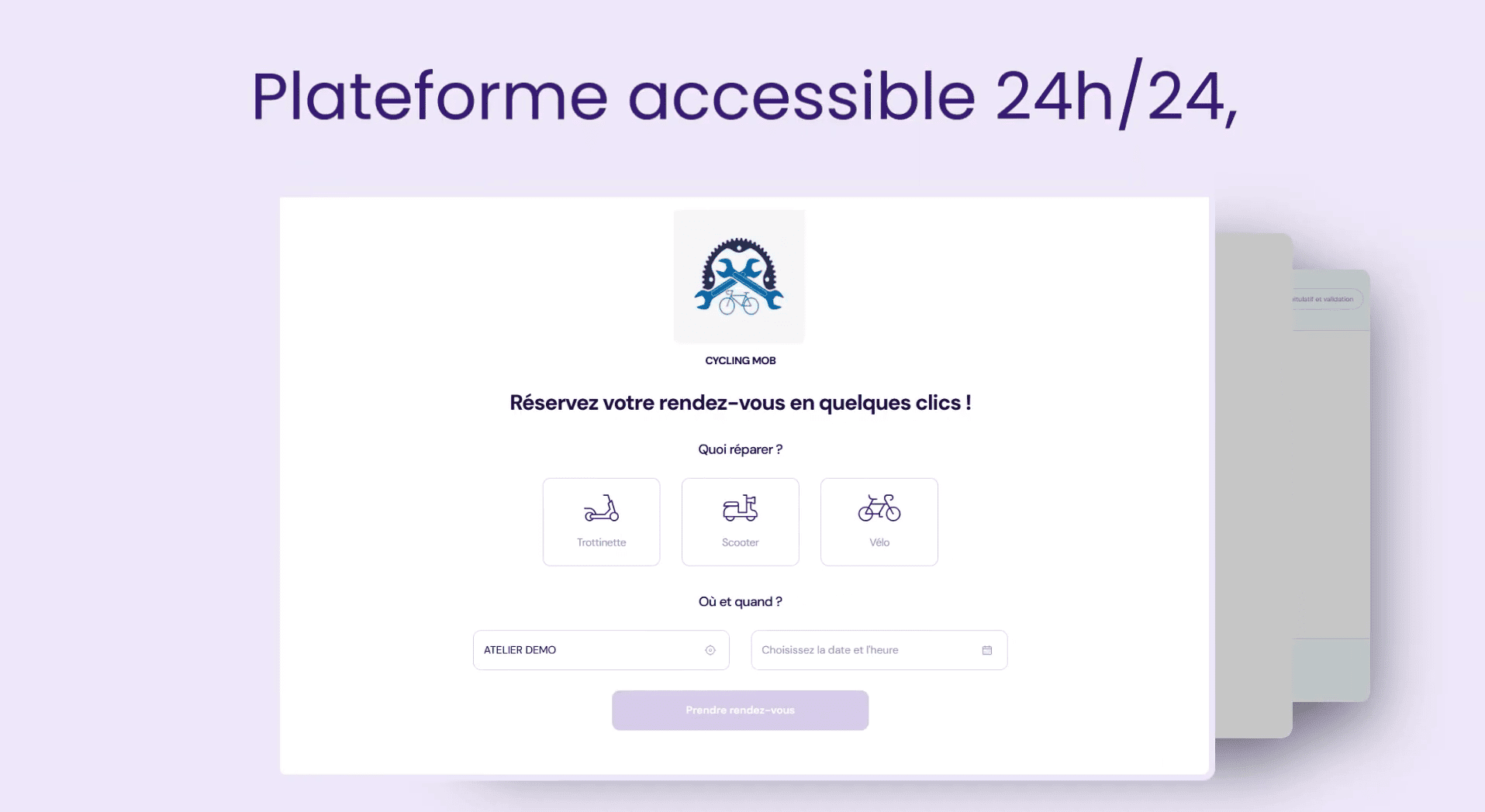 Interface de réservation en ligne pour réparer trottinette, scooter ou vélo, accessible 24h/24.