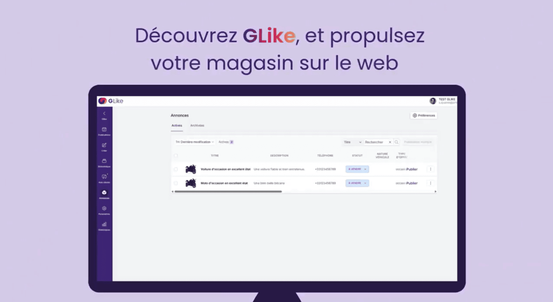 Capture d'écran d'une interface GLike montrant des annonces de véhicules d'occasion à vendre.