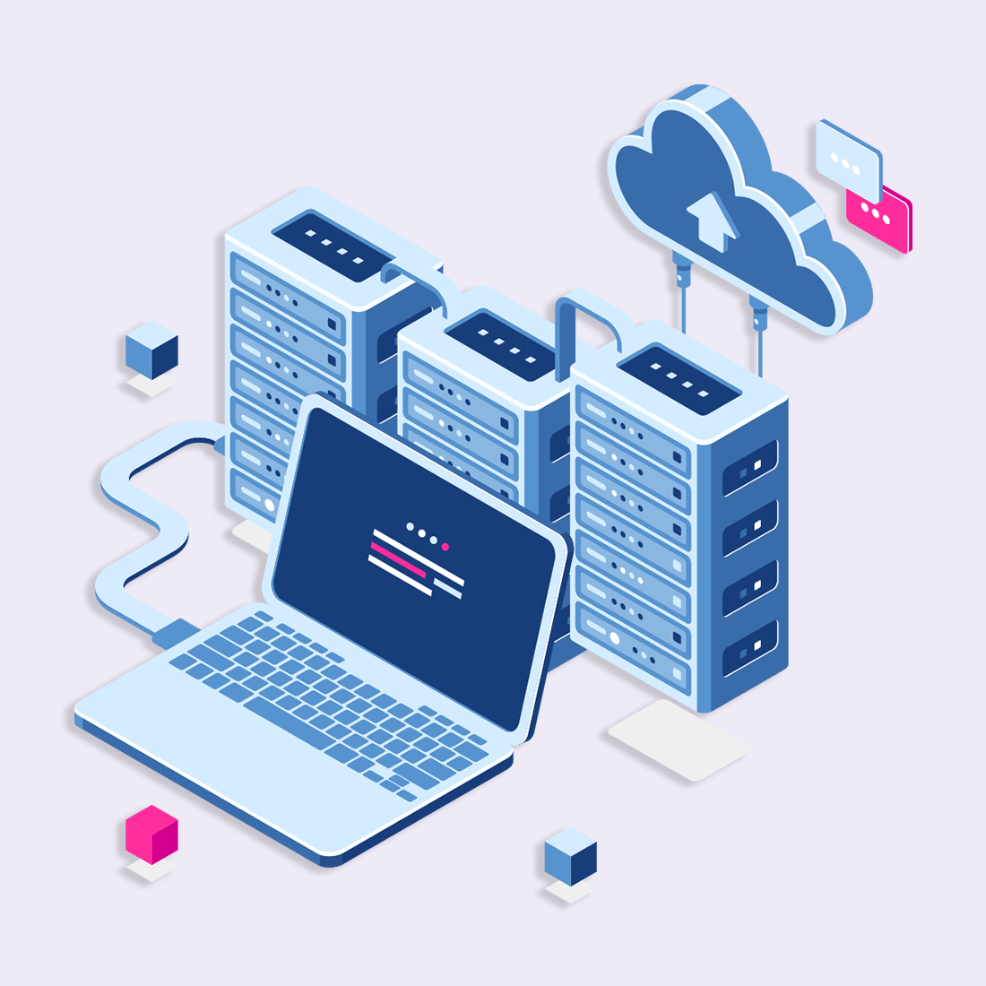 Illustration d'un ordinateur portable connecté à des serveurs et au cloud pour le stockage de données.