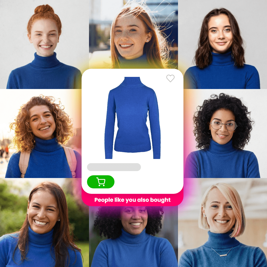 Huit femmes souriantes portant des pulls à col roulé bleus, avec un pull bleu en vente au centre.
