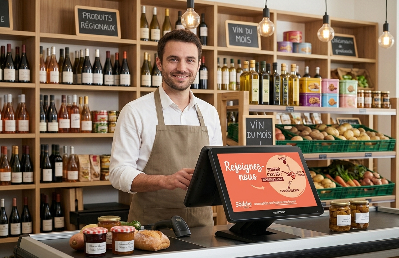 Homme souriant avec tablier devant caisse enregistreuse dans une épicerie avec vins et légumes en arrière-plan.