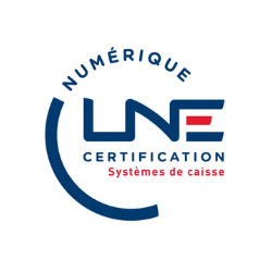 Logo LNE Certification Numérique pour systèmes de caisse avec cercle bleu et texte rouge et bleu.