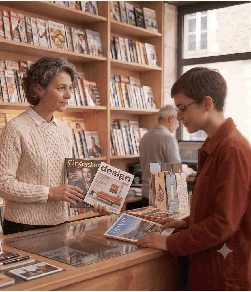 Une femme vend des magazines à une cliente dans une librairie avec étagères remplies de magazines.