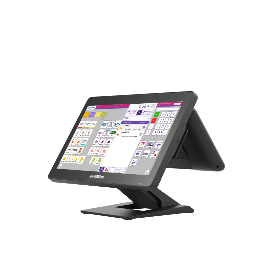 Terminal de point de vente tactile noir avec interface logicielle de caisse affichée à l'écran.