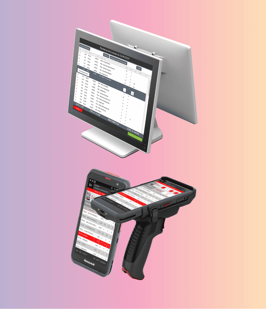 Écran d’ordinateur et appareils mobiles affichant un logiciel de gestion avec tableaux et données.
