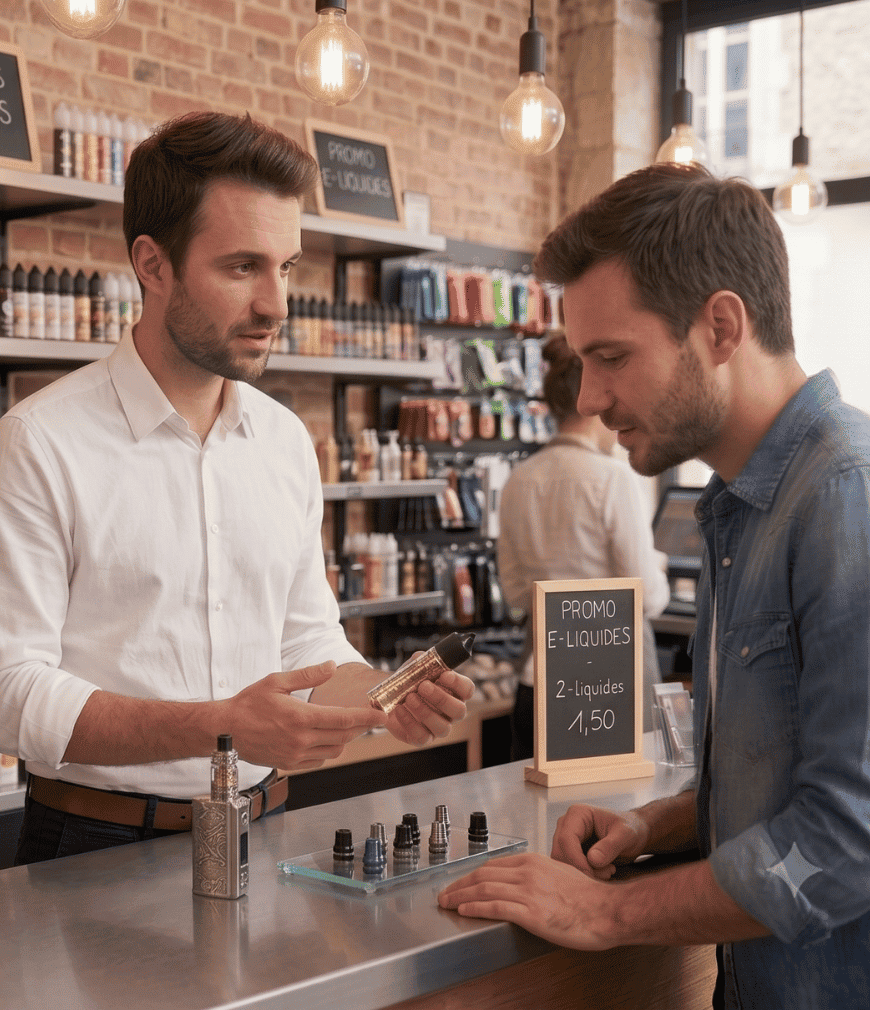 Un vendeur montre une bouteille de liquide électronique à un client dans un magasin vape moderne.