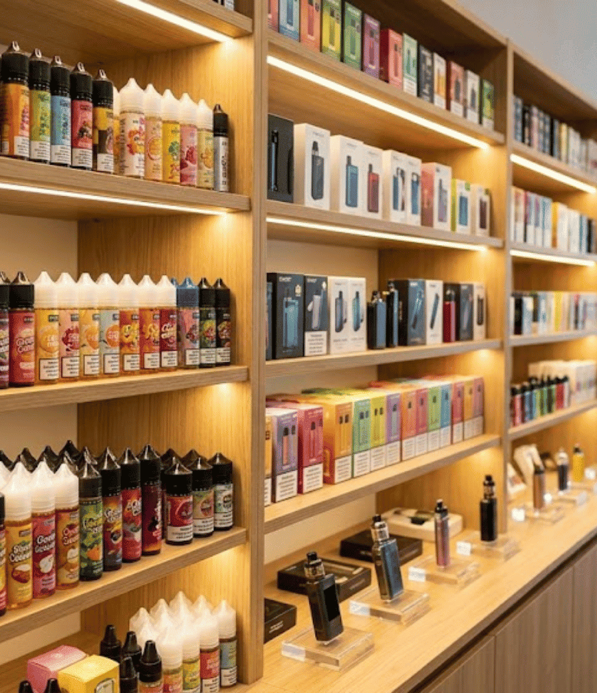 Rayonnages en bois éclairés de bouteilles de liquide et de cigarettes électroniques en boutique.