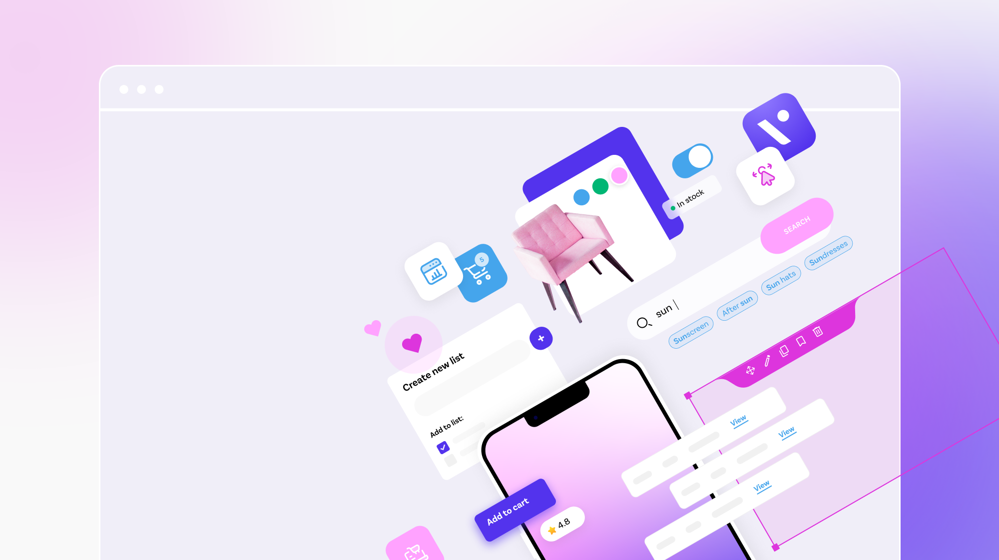 Interface d'une boutique en ligne avec fauteuil rose, recherche, liste et options d'ajout au panier sur mobile.
