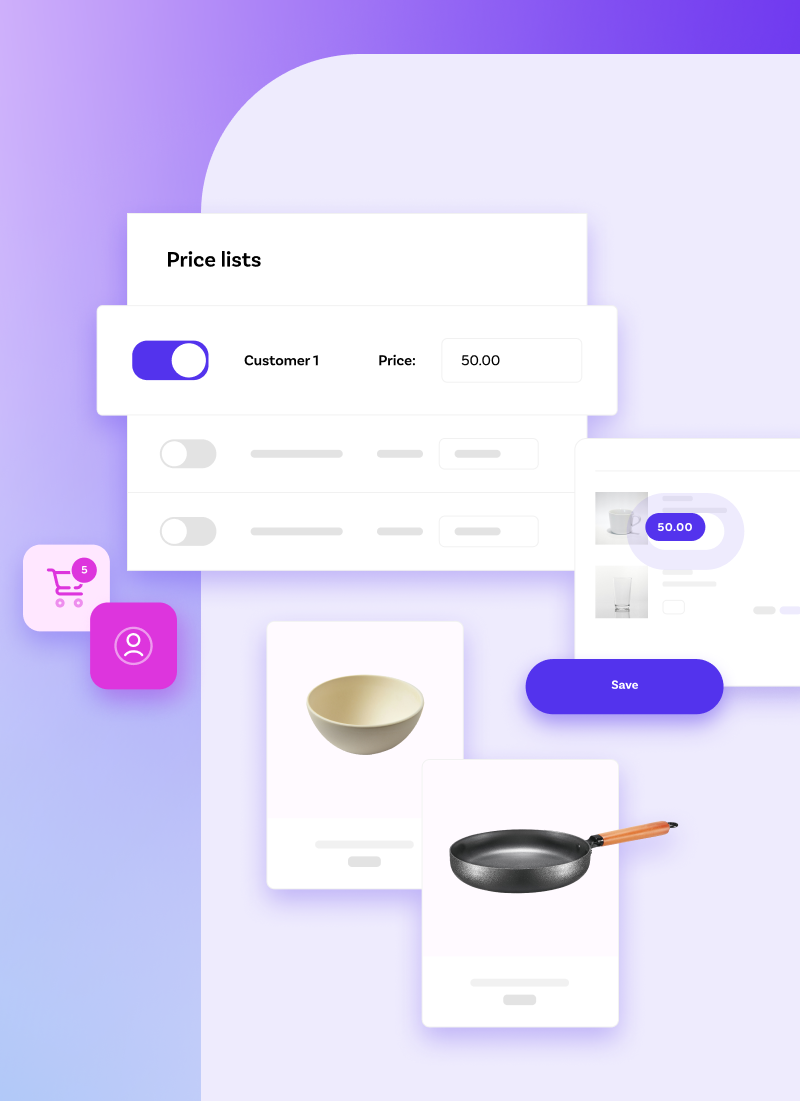 Interface de liste de prix avec client actif, prix 50, et images de vaisselle dont une poêle et un bol.