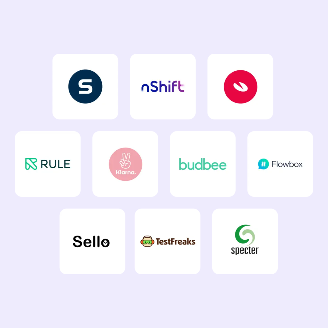 Logos de partenaires commerciaux disposés en grille sur fond clair, incluant Klarna, Budbee et TestFreaks.