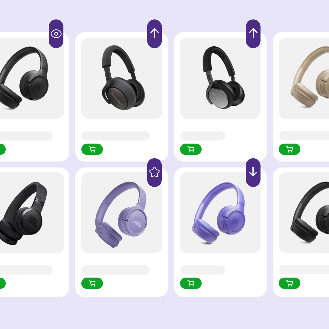 Galerie de casques audio sans fil variés en noir, beige et violet sur fond clair.