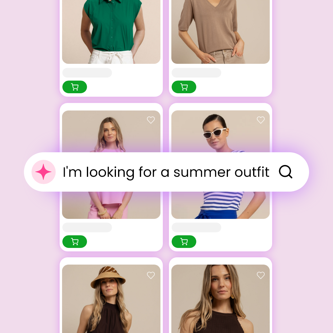 Écran d'une application de shopping affichant des modèles féminins en tenues d'été et une barre de recherche.