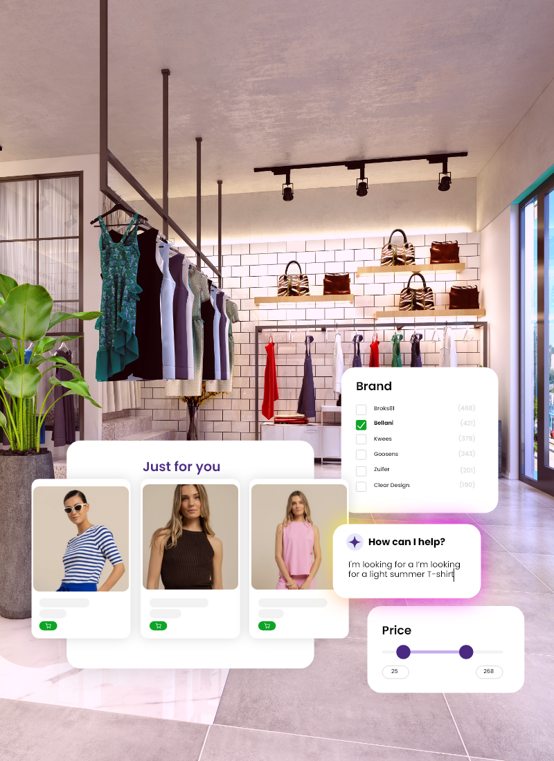 Boutique de vêtements avec robes suspendues, sacs sur étagères et interface de sélection de marque, prix et aide.