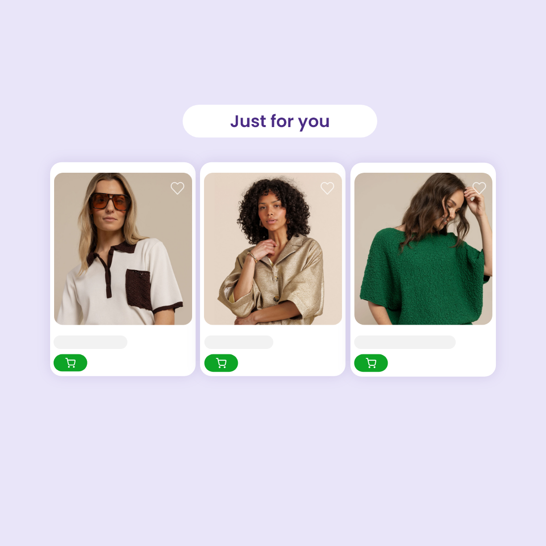 Trois cartes de produits de mode avec des femmes portant des tenues variées sous le titre Just for you.