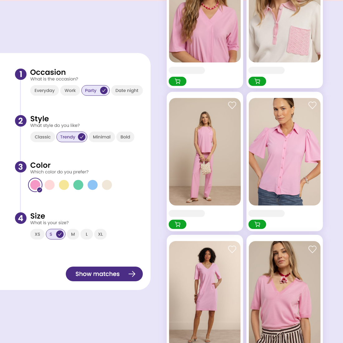 Interface de sélection de vêtements rose pour soirée, style tendance, taille S, avec boutons d'achat vert.