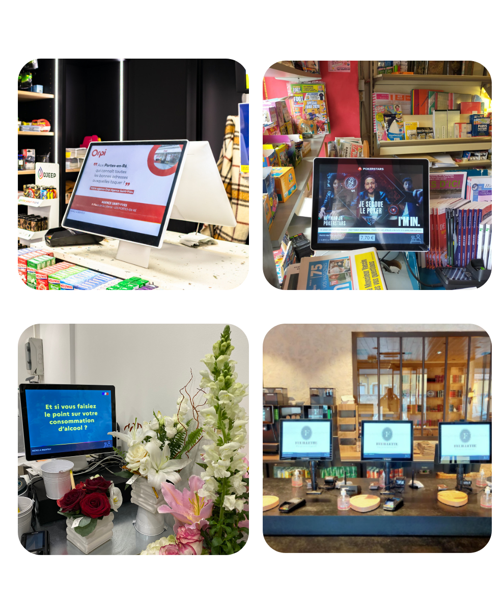 Quatre écrans dans différents contextes: magasin, librairie, fleuriste et buffet avec affichages variés.