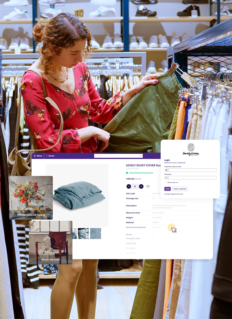 Une femme en robe rouge examine un pantalon vert dans un magasin de vêtements.