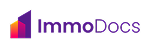 Logo ImmoDocs avec une icône de bâtiment en dégradé orange violet et texte violet.
