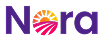 Logo avec le mot Nora dont le « o » est un soleil stylisé avec un motif rose vif.