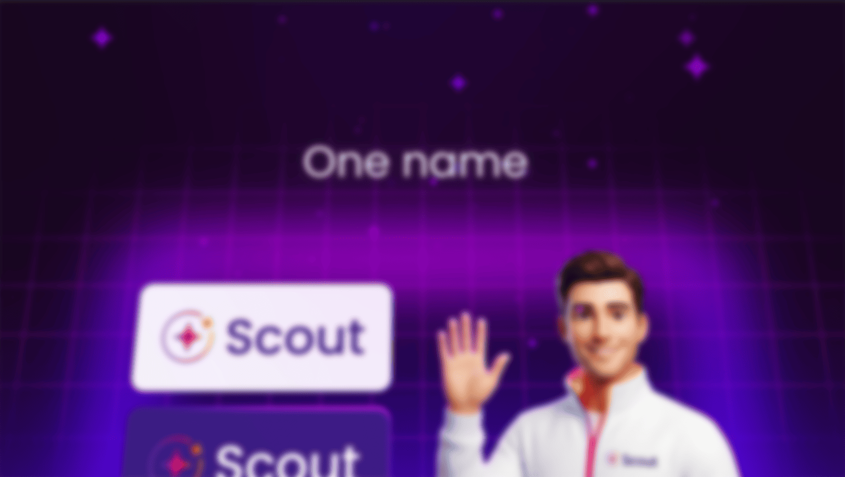 Homme souriant en veste blanche saluant, avec deux logos Scout et texte One name sur fond violet.