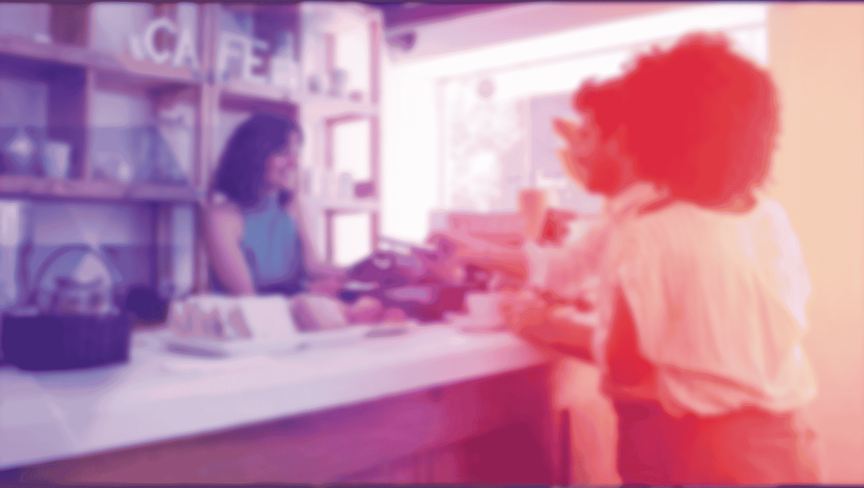 Personnes discutant et commandant dans un café avec une barista derrière le comptoir.