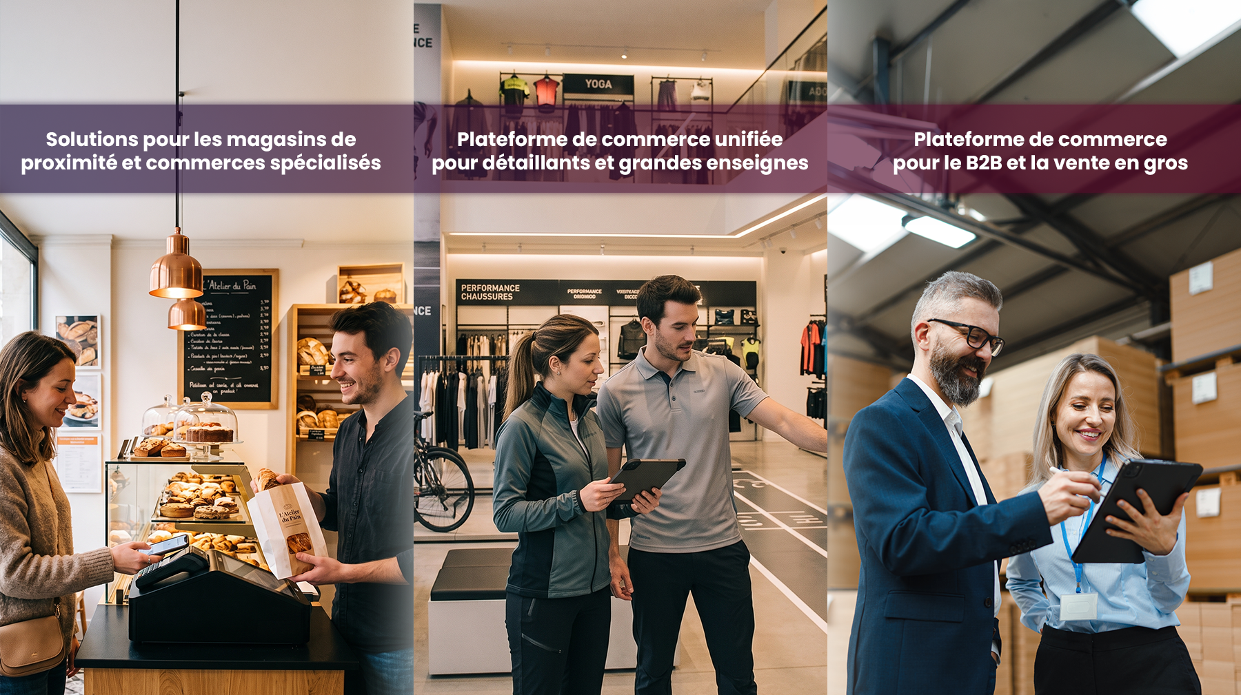 Trois images montrent commerçants, vendeurs et professionnels B2B utilisant des tablettes et scannant des produits.