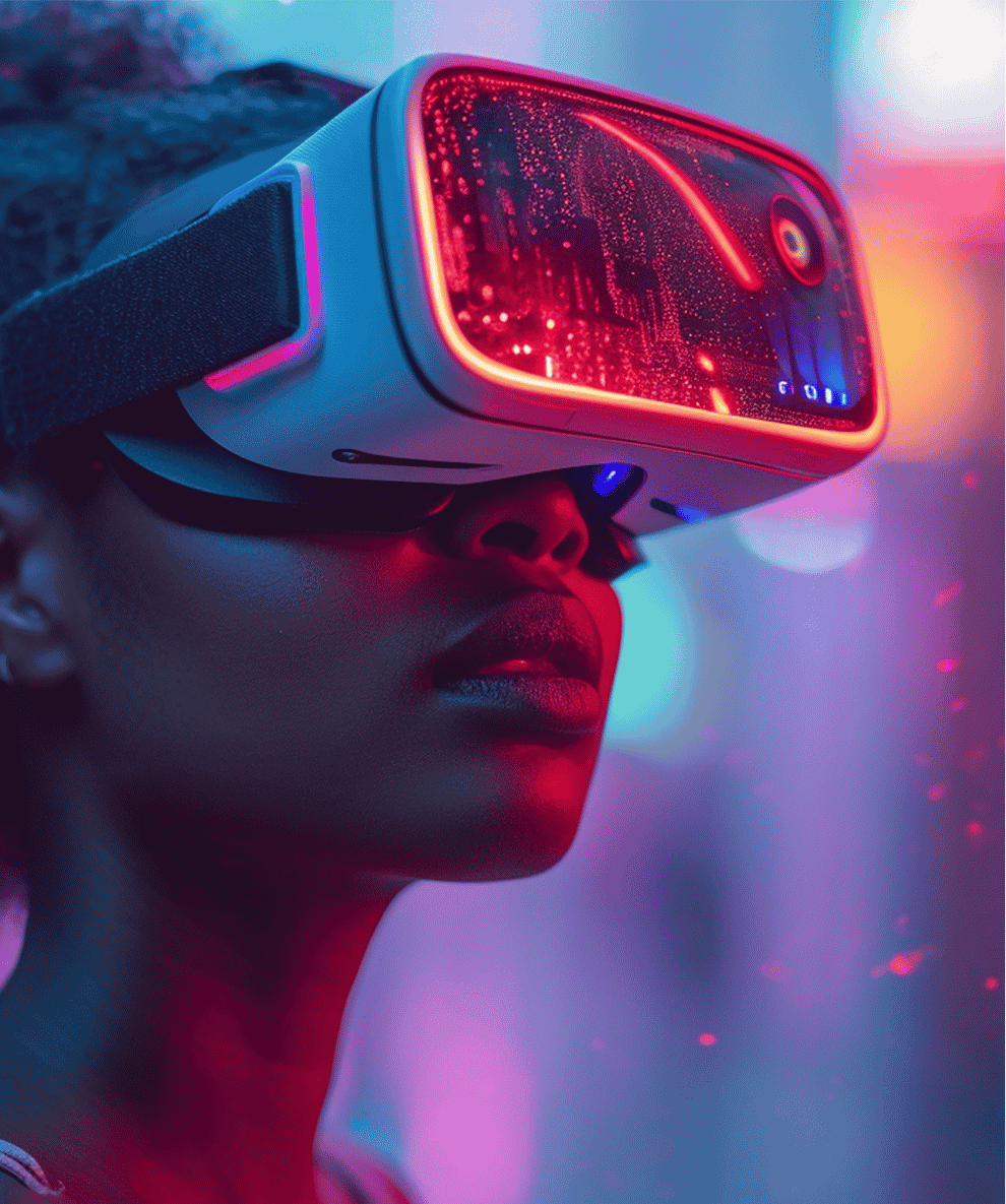 Person portant un casque de réalité virtuelle avec des lumières rouges et un fond flou coloré.