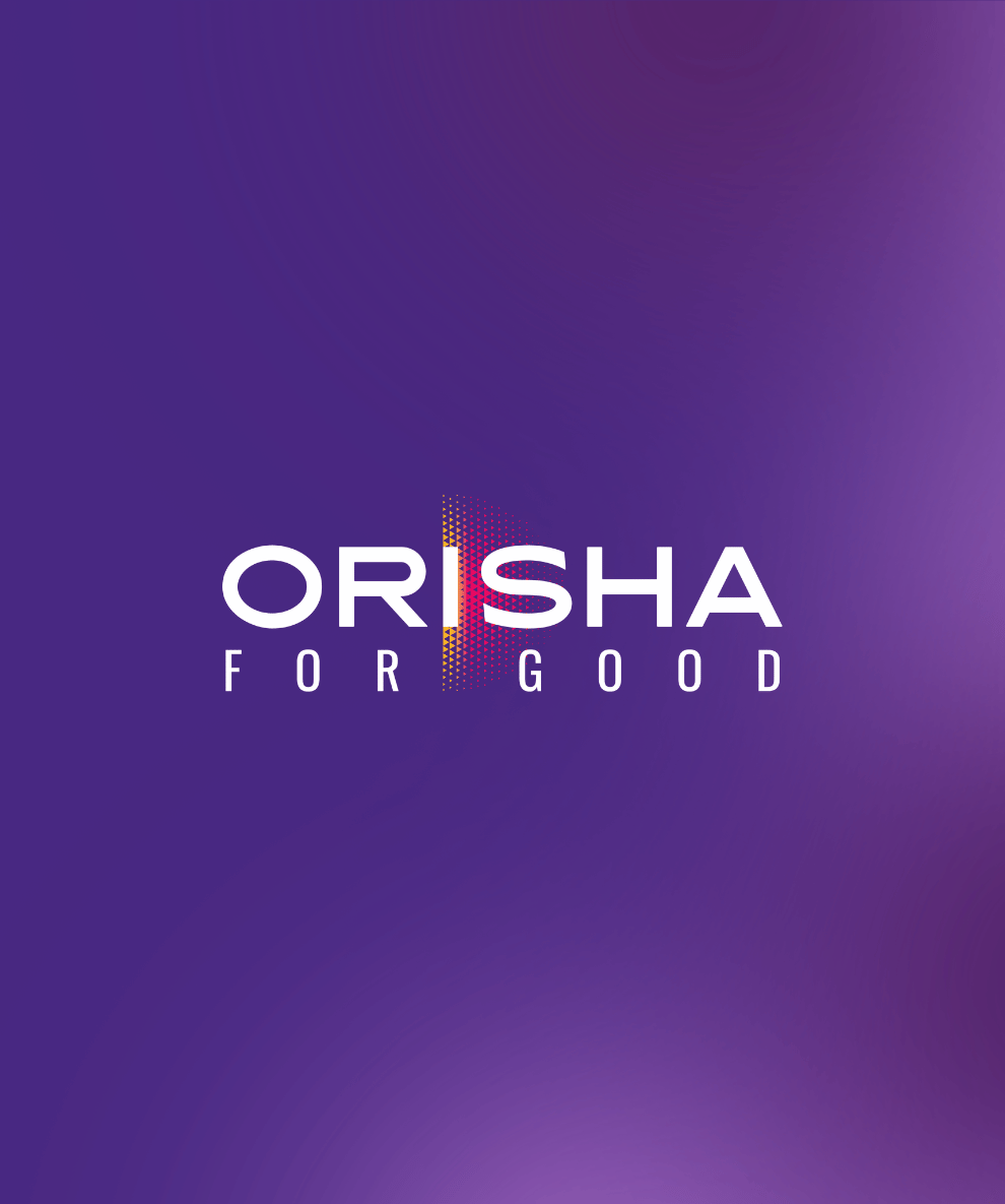Logo avec le texte blanc « ORISHA FOR GOOD » sur fond dégradé violet.