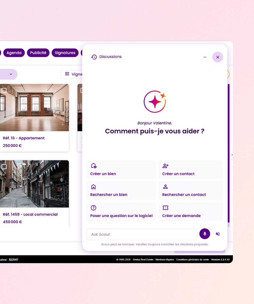 Interface d'aide en ligne avec options pour créer ou rechercher biens, contacts, poser questions, ou créer demandes.