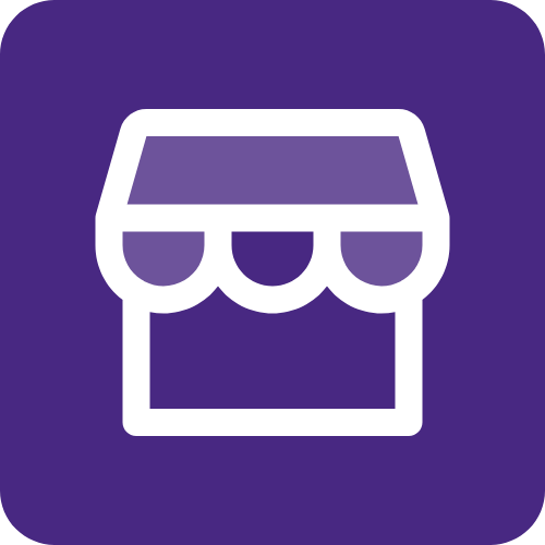 Icône de boutique avec auvent blanc sur fond violet.