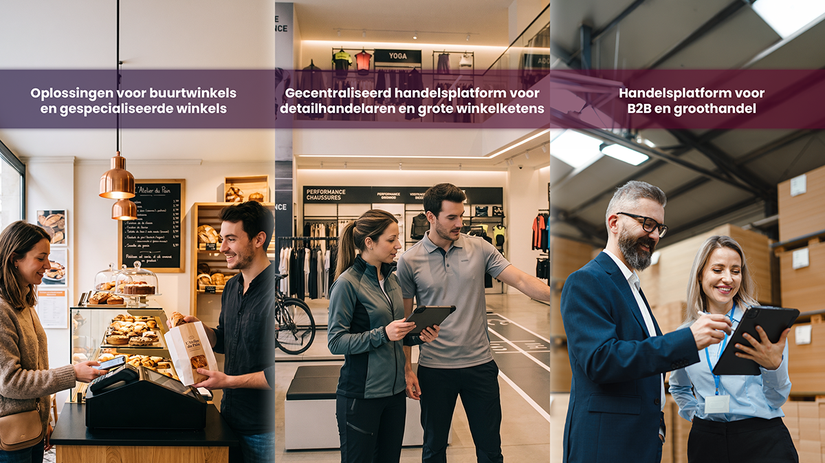 Trois scènes montrant des interactions commerciales dans une boulangerie, un magasin de sport et un entrepôt.