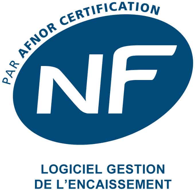 Blue oval NF logo with 'Par AFNOR Certification' and text 'Logiciel Gestion de l'Encaissement'.