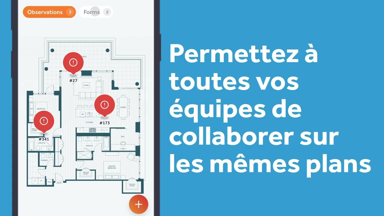 Smartphone screen showing a floor plan with three red alert markers and collaboration text in French.