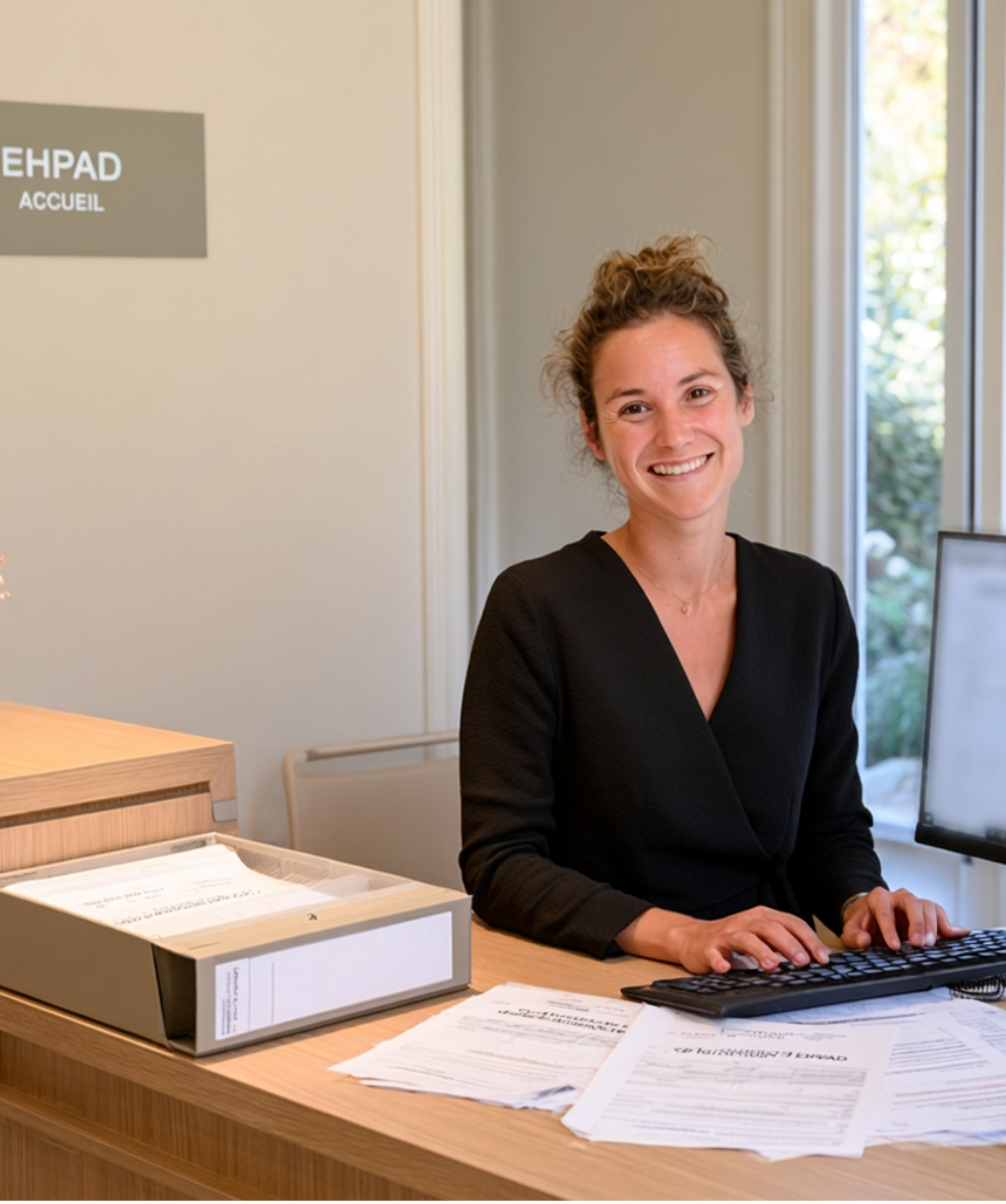 Femme souriante au bureau d'accueil d'un EHPAD, tapant sur un clavier devant des dossiers.