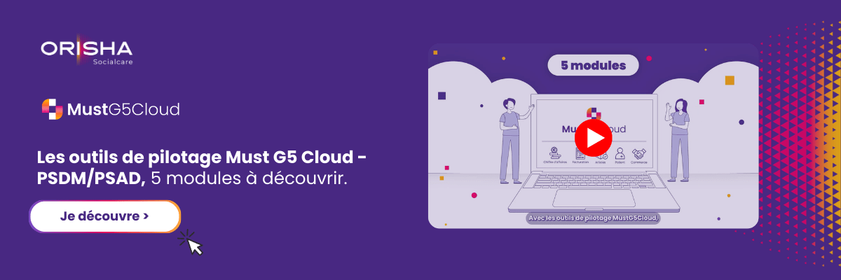 Publicité pour Must G5 Cloud d'Orisha Socialcare avec texte sur fond violet annonçant cinq modules à découvrir et un bouton « Je découvre » avec un curseur.